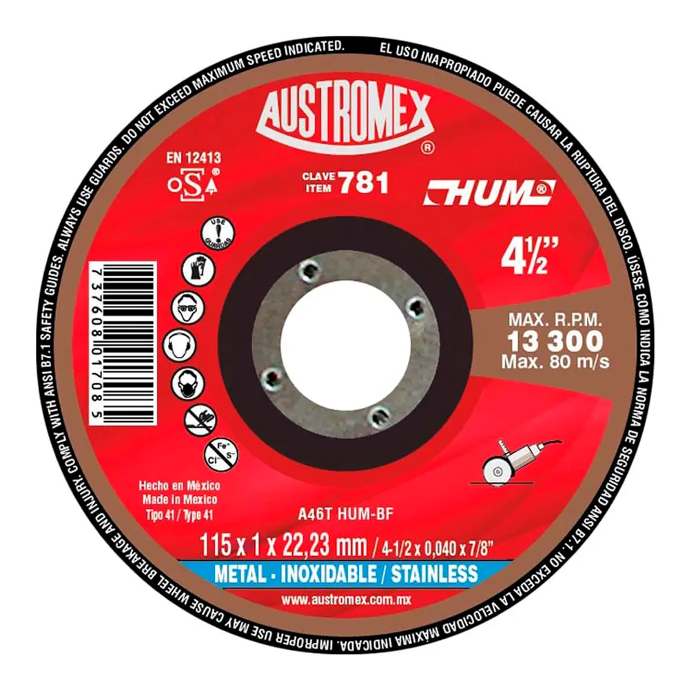 Disco Corte Acero Inoxidable Austromex 781 HUM 4 1/2 x .040 x 7/8" 