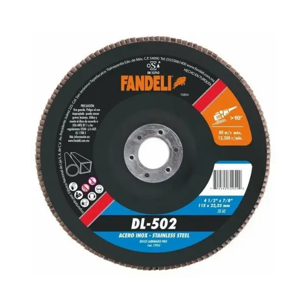 Disco laminado Z-60 para acero inoxidable 4 1/2" x 7/8" DL-502 Fandeli Pro 