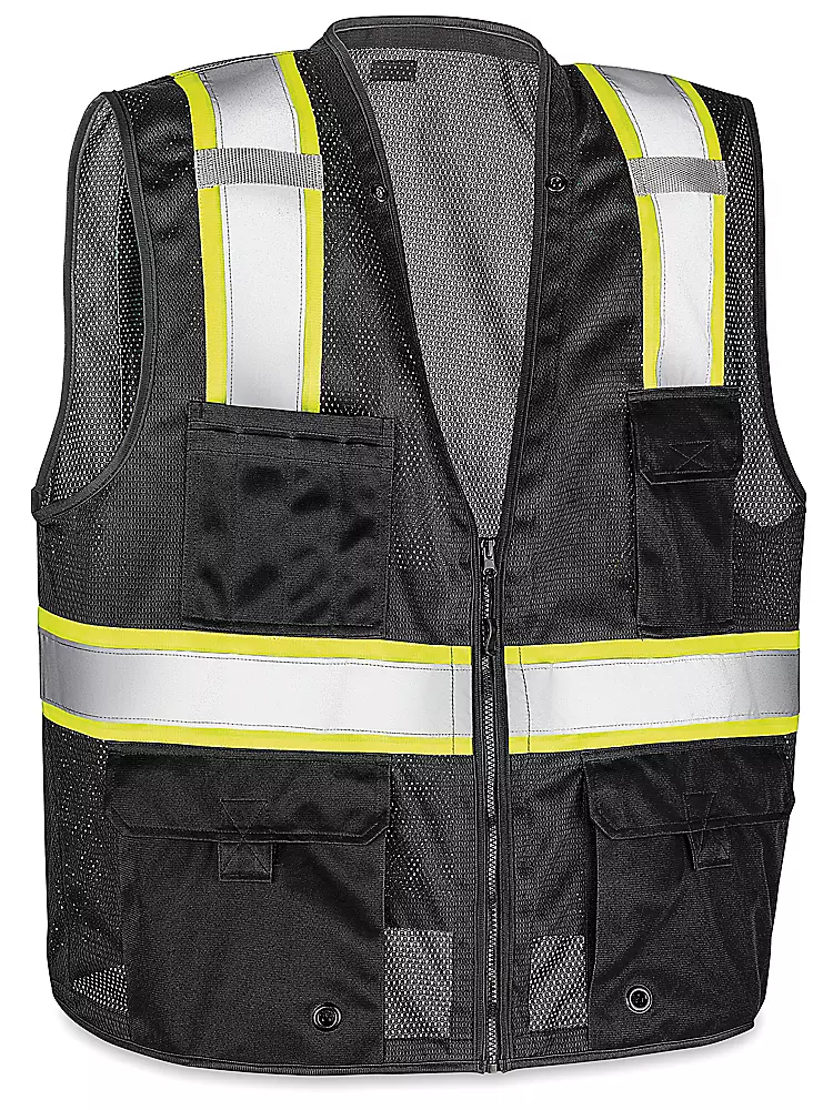 CHALECO DE SEGURIDAD DE MALLA FRANJAS VERDES MG | COLOR: NEGRO 