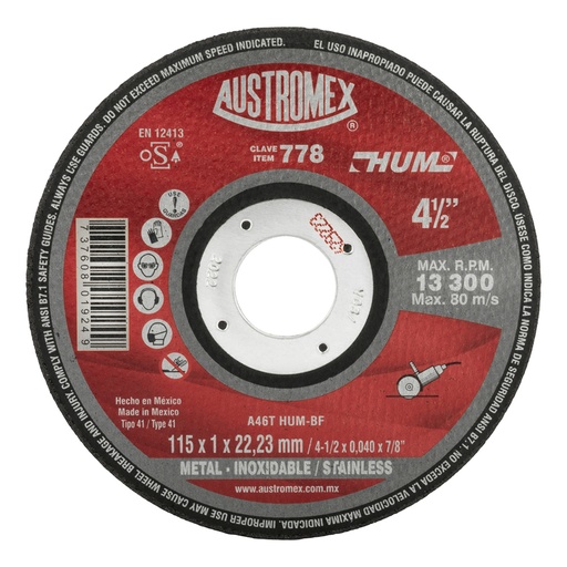 [0279-0186] Disco Corte Metal-Acero Inoxidable 4 1/2" 778 Austromex HUM 