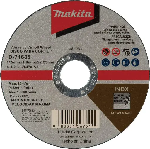 [0278-0058] Disco Corte Acero Inoxidable Makita D-71685 4 1/2" x 1mm 