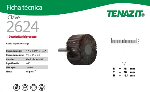 [0767-0138] Rueda Flap con Vástago Austromex 2624 A60 Easy-Cut 3" x 1-1/2" x 1/4" 