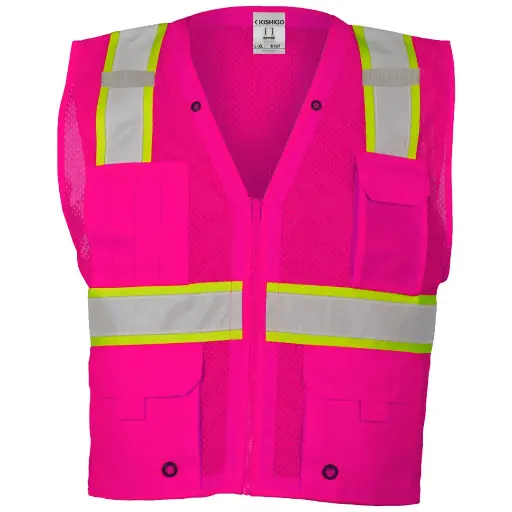 CHALECO DE SEGURIDAD DE MALLA FRANJAS VERDES MG ROSA